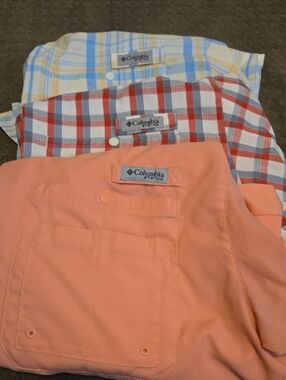 LOT Men's Columbia Longsleeve Fishing Shirts Plaid Button-Downs Coral